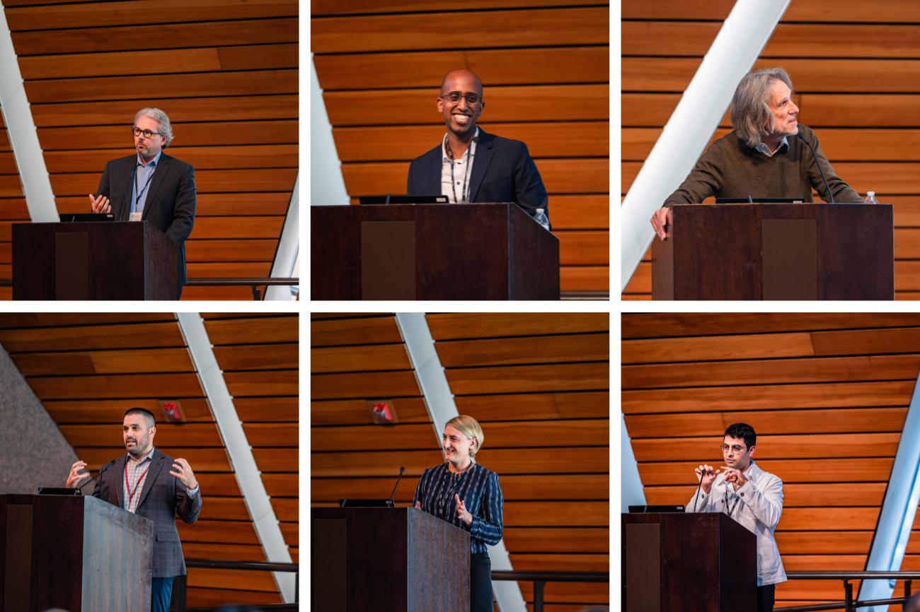 Collage of six speakers presenting from a podium