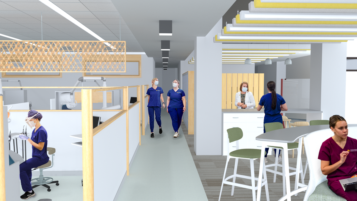 dental students work in a digitally rendered modernized clinic space