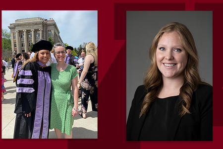 Photo of Hunter Juve with Natalie Peterson at graduation, and a headshot of Megan Doughty, on a branded background