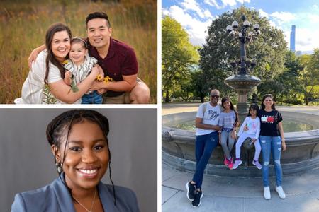 Collage of photos of the Nguyen family, the Samaroo family, and Vanessa Shinwen