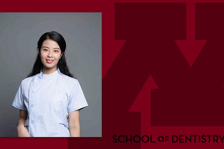 Headshot of Xin Du on a School of Dentistry branded background