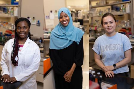 Portraits of three students in the lab for MnCore