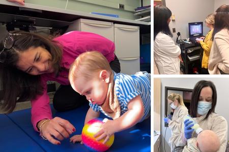 Collage of photos of individuals working with patients in the cleft and craniofacial clinic