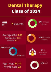 Dental Therapy Class of 2024, 7 students, 57% ethnically diverse, Average GPA 3.39, Prerequisites 3.58, Sciences 3.37, 86% Minnesota residents, 58% female, 43% male, 5 first generation students, Age range 18 through 30, Average age 23, 29% rural