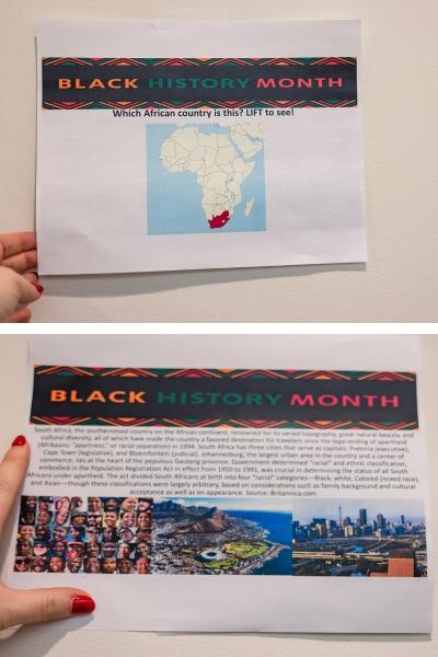 Two sides of a "flip" poster with a question and answer about Black History