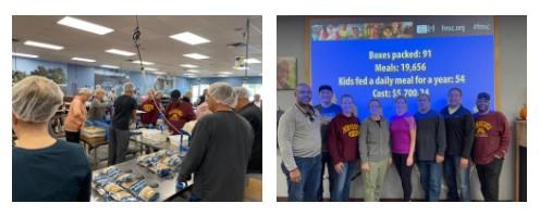 A collage of two photos of faculty and staff volunteering at Feed My Starving Children