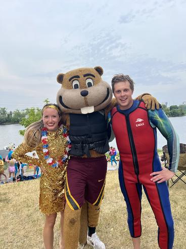 Two dental students with Goldy Gopher after a waterski meet