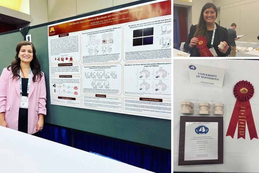 Collage of images of Rachel Phillips presenting a poster, Alyssa Domico posing with her ribbon, and the award resident case display