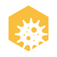 Yellow hexagon with an illustrated virus particle
